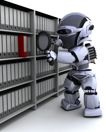 Robot, dosya rafında bir kutuyu büyüteçle inceliyor.